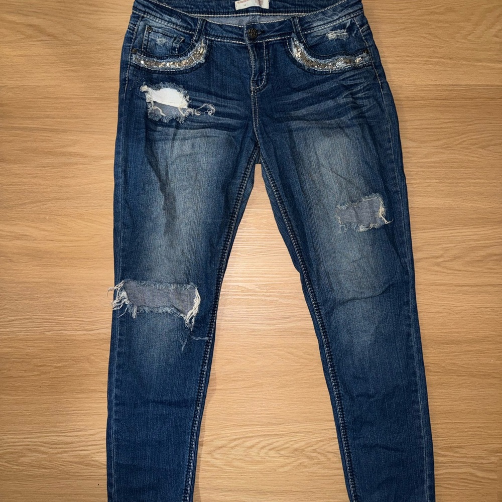 Distressed Blue Jeans with Sequin Detail